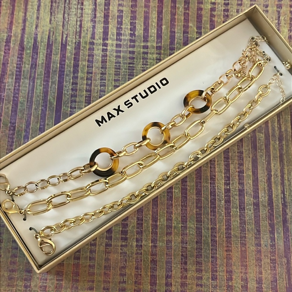 Max Studio set of three goldtone chain link bracelets/anklets new in box